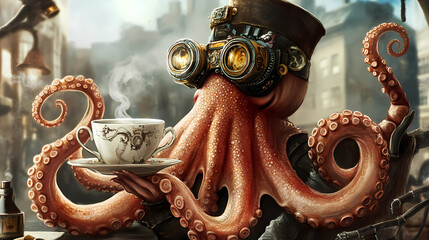 Fototapeta premium An octopus wearing a steampunk hat and goggles, holding a teacup in a whimsical setting. Steampunk Invention. Illustration