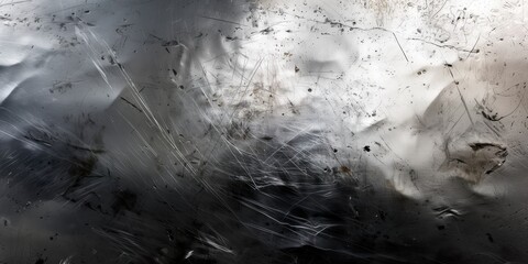 Abstract view of scratched metal surface with grunge marks and textured imperfections in monochrome