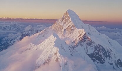 Naklejka premium Stunning sunset view of Mount Everest in the Himalayas - Volcano peaks rise above the rolling fog as the peaks of the Himalayas are reflected in the sky.