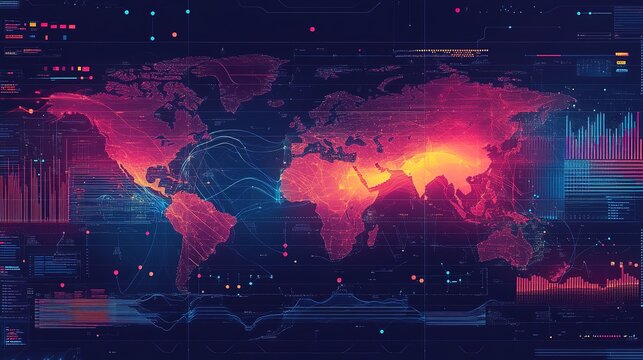 A dynamic data visualization infographic with heat maps and scatter plots to represent geographical and quantitative data