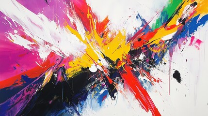 A dynamic abstract painting with splashes of bright colors and sharp lines, capturing a sense of energy and spontaneity