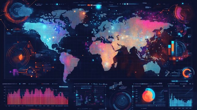 A dynamic data visualization infographic with heat maps and scatter plots to represent geographical and quantitative data