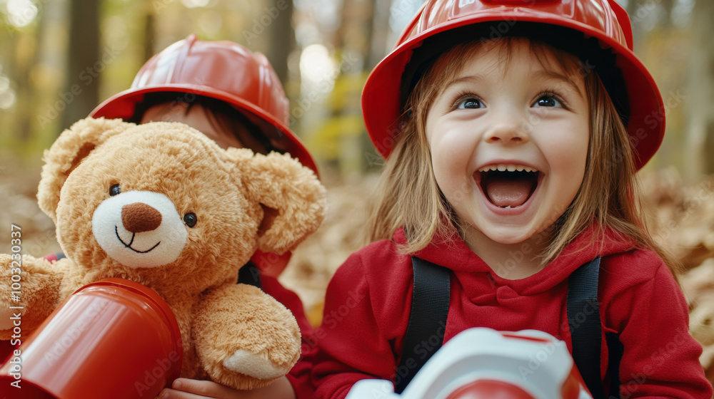 Sticker Two little girls in red fireman gear holding a teddy bear, AI