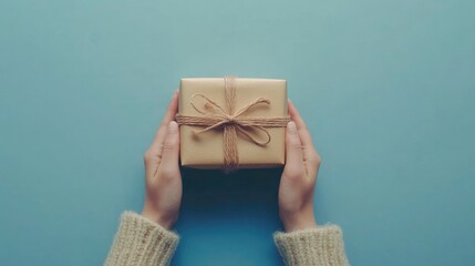 Hands holding a neatly wrapped gift box on a blue background