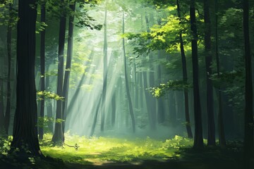 Obraz premium 3D nature and landscape wallpaper with sunshine, green forest, pine trees, and misty skies