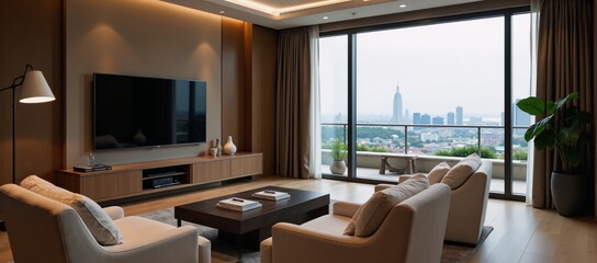 Stylized living room scene featuring an armchair setup around a TV screen with a scenic view through a panoramic window