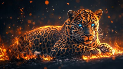 Fire and smoke cover the leopard in this Stock photo.