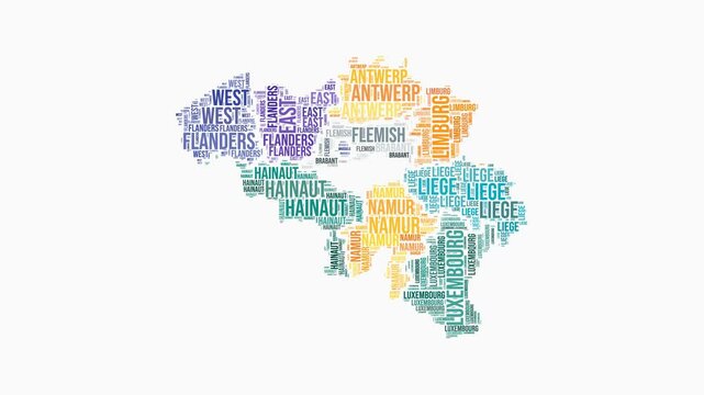Belgium regions word cloud animation. Country logo animated video. Belgium colored text cloud. Regions typography style motion graphics. Trending video.