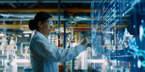 Engineer interacting with digital interface in factory, High-tech industrial environment
