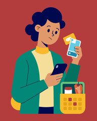 A person nervously checking their bank account balance while waiting in line at the grocery store hoping they have enough funds to cover their purchases.. Vector illustration