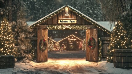 Fototapeta premium Enchanting Christmas Scene: Rustic Wooden Barn Doors Open to a Snowy Reindeer Farm Adorned with Wreaths, Garlands, and Twinkling Fairy Lights Amidst Douglas Fir Trees
