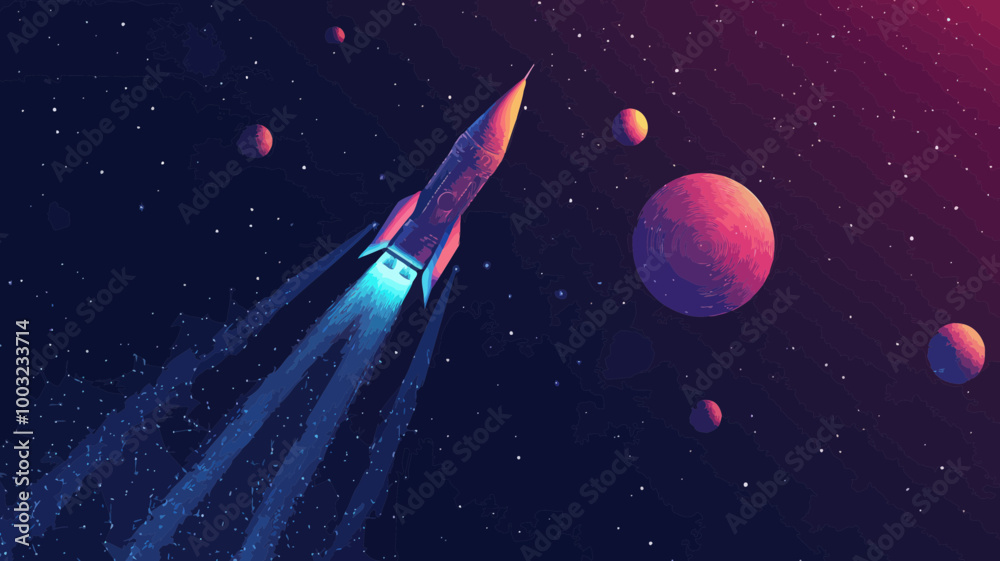 Wall mural abstract vector rocket in starry space with planets and universe elements - minimalist svg art for b