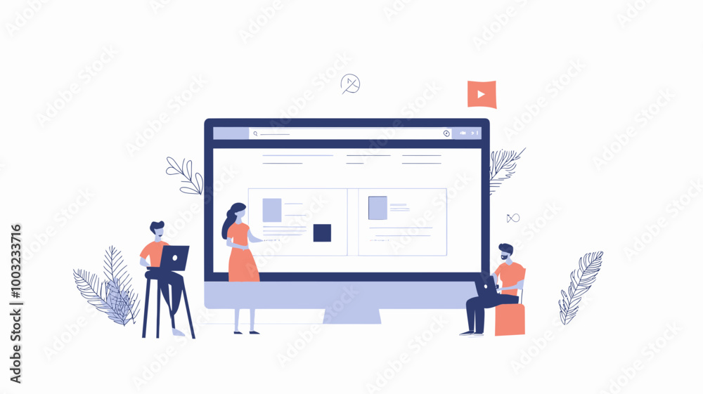 Poster modern website header design concept: flat vector illustration of a team collaborating on web develo