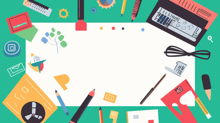 Graphic Designer Workspace Flat Design Illustration with Tools and Equipment Including Drawing Tablet, Pens, Rulers, and Software Icons - Artistic and Creative Desktop for Design Projects