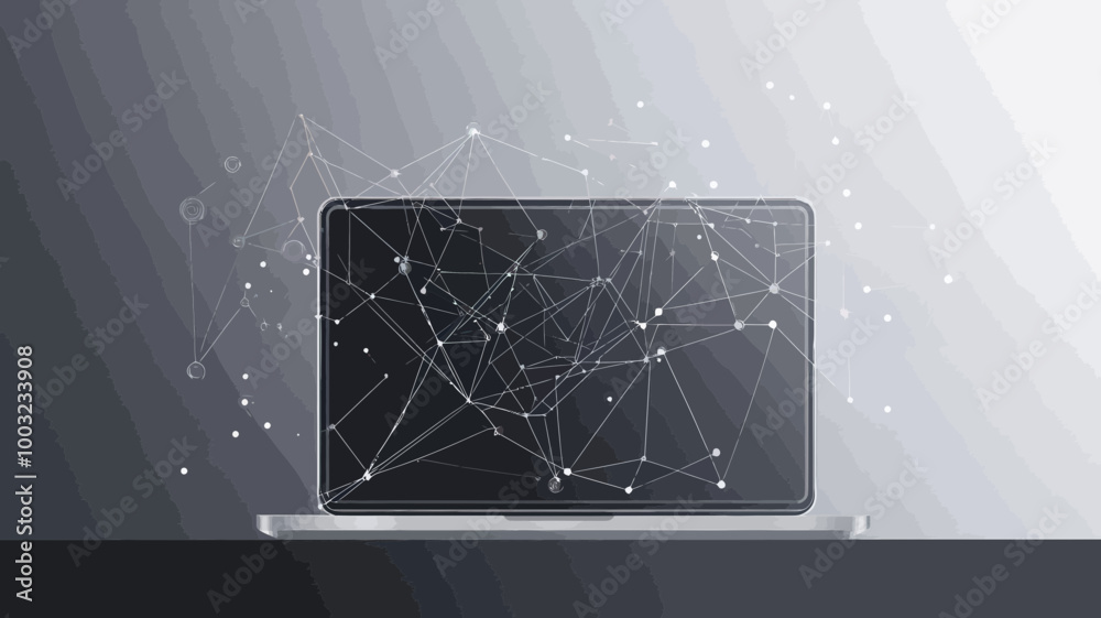 Poster grey laptop with polygonal network connections on abstract background - vector illustration of digit