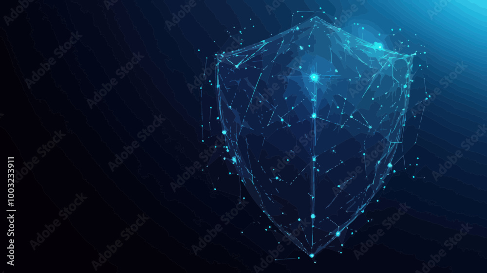 Poster low poly vector security shield composed of polygons and lines for data protection and cybersecurity