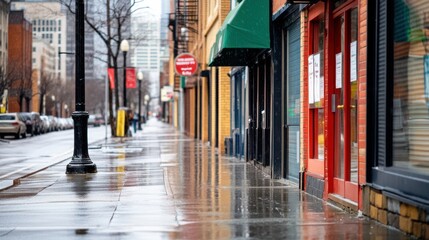 Obraz premium Rainy Urban Street with Empty Sidewalk and Storefronts