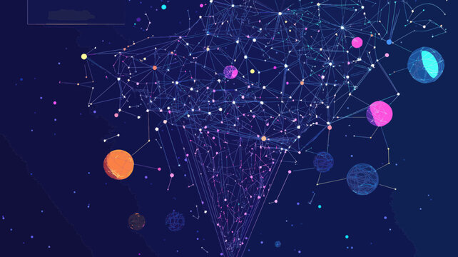 Big Data Sales Funnel in Starry Sky with Planetary Elements - Vector Business Marketing Concept Featuring Points, Lines, and Universe Shapes - Flat Minimalist SVG Illustration