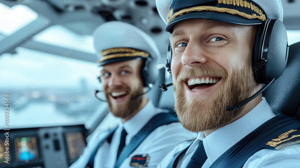 Canvas Prints Two men in uniform sitting at a desk with headphones on, AI