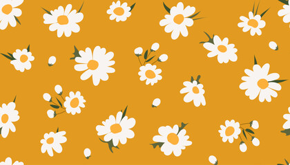 Chamomile seamless pattern. Floral vector background for textile print, wrapping paper, web design and social media. white daisies on a bright orange background