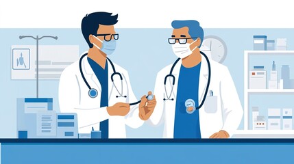 A doctor checking a patient lungs with a stethoscope, with both the doctor and patient wearing masks in a clean, well-lit room