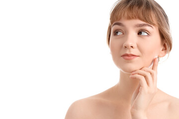 Beautiful young woman on white background, closeup