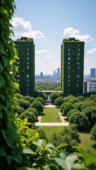 Fototapeta premium Vibrant cityscape with eco-friendly architecture promoting fresh air and renewable energy