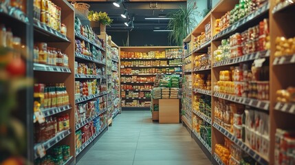 Organized Supermarket Aisle with Fresh Produce and Grocery Items