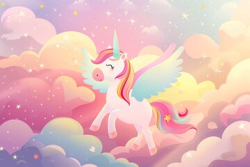 A unicorn with a white body and pink wings flying through the sky