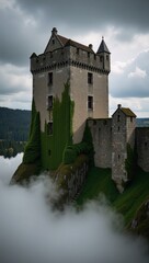 Naklejka premium Ruined Medieval Castle Ivy-Covered Walls Crumbling Towers amidst Dark Clouds Foggy Forest