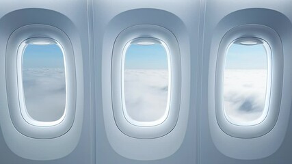 Three airplane windows showing a serene view of clouds and blue sky from above.
