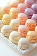 Fototapeta premium A tray filled with colorful French macarons in pastel hues, including pink, yellow, white, and purple, arranged neatly.
