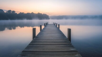 Fototapeta premium Nature relaxing wallpaper with a straight flat simplistic rectangular lake dock. Beautiful sunrise, foggy clouds.