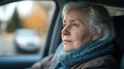 Senior woman looking out the window of an SUV