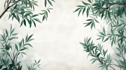 Naklejka premium Wallpaper for interiors with tree leaves on a grunge texture background. Vintage green wallpaper for interiors with classical or oriental designs.