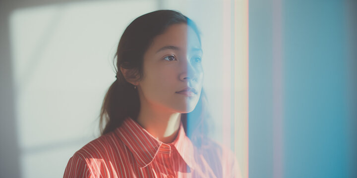 Young woman gazes thoughtfully, bathed in soft light. Ethereal atmosphere with calm mood