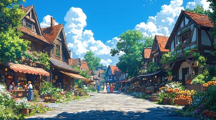 Fototapeta premium Beautiful Fantasy Village Town Street with Houses, Shops, and People, Summer