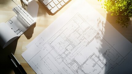 An architects desk with blueprints, sketching plans for a construction project, top view.