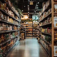 Fototapeta premium Organized Supermarket Aisle with Fresh Produce and Grocery Items