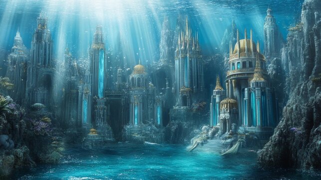 The ancient underwater city of Atlantis, ocean scene, fantasy wallpaper background
