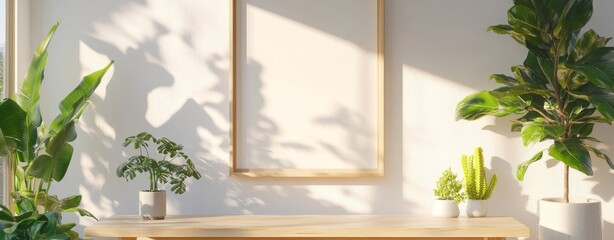 Fototapeta premium The minimal wooden picture poster frame mockup is presented on a white background