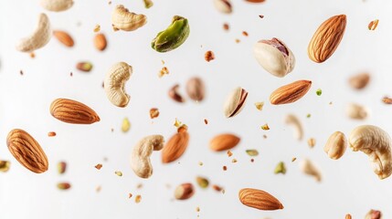 Assorted nuts, including pistachios, almonds, walnuts, and cashews, falling against a white background. 