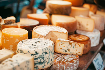 Cheese collection, variety of cheeses on counter in cheese shop