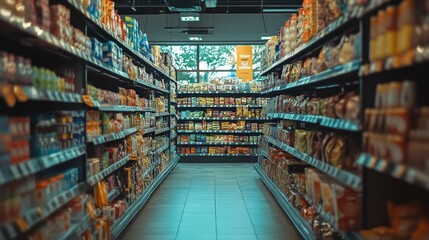 Organized Supermarket Aisle with Fresh Produce and Grocery Items