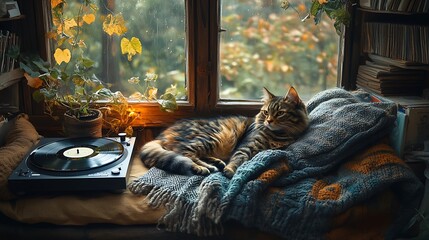 Cozy cat relaxing on window sill with vintage record player in foreground