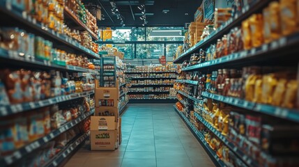 Fototapeta premium Organized Supermarket Aisle with Fresh Produce and Grocery Items