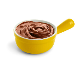 Bowl of tasty melted chocolate on white background