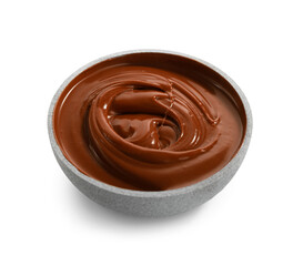 Bowl of sweet melted chocolate on white background