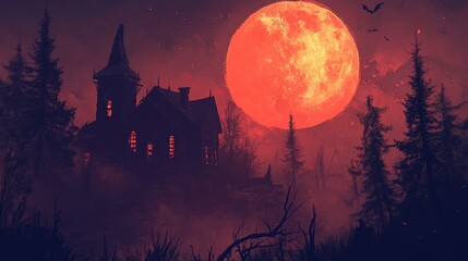 Happy Halloween banner template featuring cartoon pumpkins, bats, a witch hat, and a full moon for a festive atmosphere