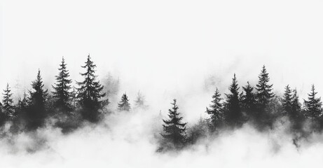 An abstract watercolor picture of mountains, rocks, peaks. Forest of conifers, pine, spruce, fir, cedar. Black silhouettes. Abstract vintage spots of black, white. Postcard, logo, poster. A splash of